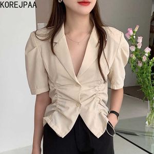 Korejpaaの女性のシャツの夏の韓国のシックな女性の気質襟脇のプリーツデザインスリム2ボタンパフスリーブブラウス210526