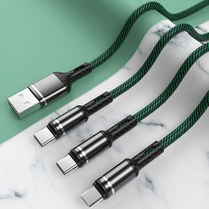 3 I 1 flätad 3A Multi USB Fast Charging Cables Micro V8 Typ C CABLE Telefoner Laddare för Xiaomi Samsung Android Charger Cord Mobile Mobiltelefon Google LG Typ-C