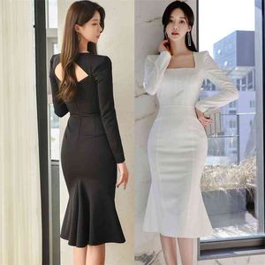 korean spring and summer style fishtail spuare collar long sleeves elegant temperament party office for women dresses 210602