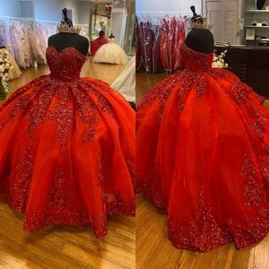 Röd boll klänning prom klänning pärlor paljetter sweetheart nacke söt 15 16 quinceanera kväll klänningar födelsedagsfest speciella tillfällen klänningar