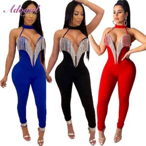 Sexy Diamanten Quaste Trägerlose Bandage Nacht Party Club Overall Frauen Halter V-ausschnitt Backless Strampler Outfit Streetwear Overalls 211116