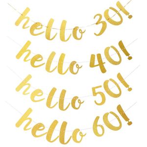 Decoração de festa 1 conjunto de ouro feliz olá 30 40 50 60 Decorações de aniversário de banner de papel decoração de casamento adulto suprimentos de guirlanda 2021