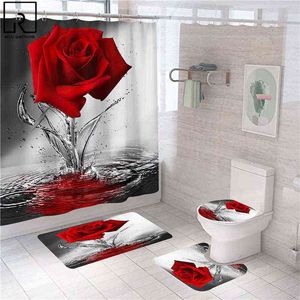 Blue Red Pink Rose Print Shower Curtain with Hooks, Bathroom Mat Set Anti-slip Soft Bath Carpet Lover Valentines Home Decoration 211115