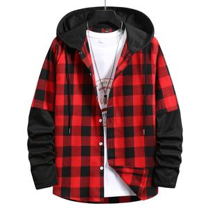 Mäns Hoodies Sweatshirts Luclesam Män Röd Svart Plaid Splicing Hoodie Mens Casual Streetwear Hooded Shirts Sudaderas Hombre