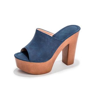 Tofflor 2021 Trendigt trä Chunky Superhöga klackar Dam Sandaler Plattformsskor Slingback Peep Toe Sexiga Sandalias Mujer