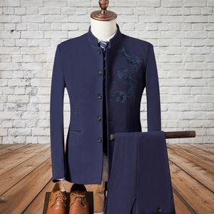 Mandarin Yaka Dragon Suit Erkekler Çin Tarzı Moda Baskılı Erkek Elbise Suit Eğlence Blazer Nakış (Ceket + Yelek + Pantolon)