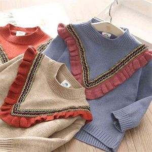 Höstfjäder 2 3-10 12 år Barnkläder O-Neck Strikkad Pullover Cotton Ruffles Patchwork Kids Baby Girls Sweater 210625