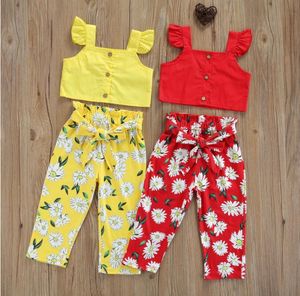 Niemowlęta Setów Przycisk Baby Girls Button Down Solid Color Fly Sleeve Square Collar Topy Tie Up Flower Print Wzburzyć Spodnie