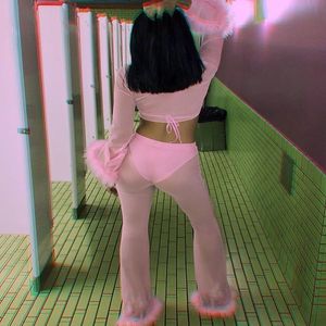 Sexy V Neck Mesh Tracksuit Two Piece Sets Women Crop Top and Pants Autumn Fluffy Costume Pink Hip Hop Sweat Suits See Through Y0625