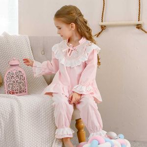 Children's Home Clothes Spring Girls Pajamas Set Long Sleeve Lace Princes 100% Cotton Princess Suit Clothes 210908