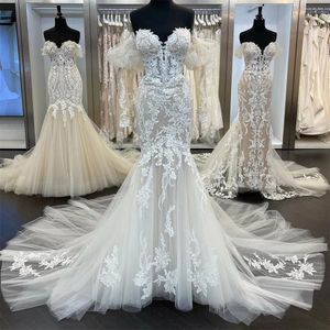 2022 Abiti da sposa eleganti a sirena in pizzo pieno con spalle scoperte Tulle Appliques Abiti da festa da sposa taglie forti Robe De Marriage