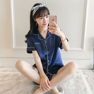 Summer Faux Silk Pajamas Set Short Sleeves Shorts Nightwear M-5XL Large Size Sexy Pijama Mujer Pure Color Sleepwear 210809