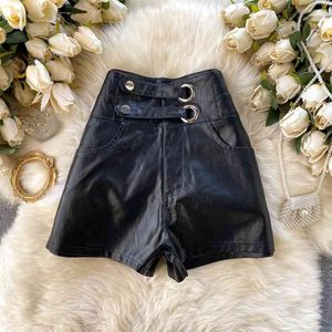 블랙 PU 가죽 반바지 가을 겨울 한국어 스타일 높은 허리 넓은 다리 가짜 짧은 바지 패션 Chic 210603