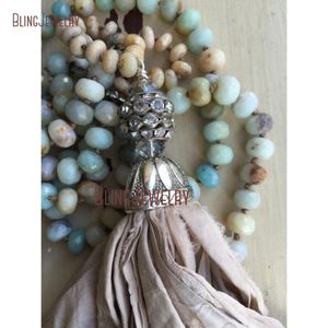 Hängsmycke Halsband Shabby Bohemian Halsband Rosa Sari Silk Tassel Knoting Mynt och Tan Rondelles Amazonite Pärlor NM18228