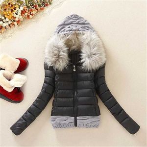 plus size 4XL women winter jacket Knitted wool cap patchwork jacket autumn winter coat outwear 211014