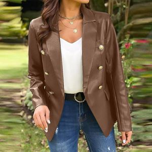 Damskie Garnitury Blazers Panie Biurowe Eleganckie Blazer Kobiety PU Leather Suit 2021 Vonda Femme Casual Długi Rękaw Kurtki Kurtki Odzieży Weste