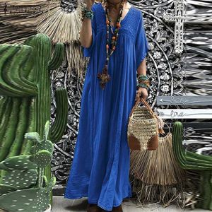 Zanzea Maxi Dress Long Bohemian Women Lace Crochet Estate V Neck Flare Sleeve Solid Sundress Kaftan Party Beach Vestido BAGGY Y0706
