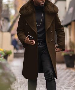 Designer Men Wool Trench Coat Faux Fur Collar Fashion Winter Business Long Thick Slim Fit Overcoat Jacket Parkas Mens Clothing Plus Size 4XL