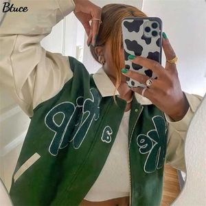 Casa de outono da grama Mulheres Carta VERDE BOMBER Jaqueta Feminino Streetwear Fêmea Uma viagem Gire para baixo Colar Zipper Baseball Coat 211109