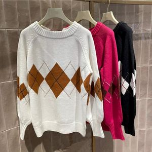 Suéter das Mulheres queda Inverno Argyle Hit Color Knit Pullovers 2021 Solto Vintage Camisola All-Match Doce Lace-up Manga Longa Jappers Japonesa