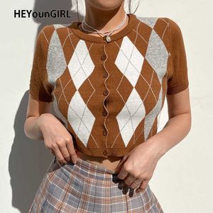 Heyoungirl Argyle Kırpma Üst Örme Hırka Tshirt Kadın Tiki Tarzı Kore Kısa Kollu Ekose T Gömlek Bayan Y2K 90 S Triko Y0621