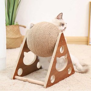 Solid Wood Cat Toys Tree Rotating s Scratch Ball Scratching Board Post Climbing Frame Tower Pets Products 210929