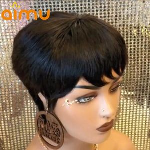 Krótki Peruka Bob z Bangs Pixie Cut Brazylijski Ludzki Włosy Peruki Remy Naturalne Czarne Brązowe Peruki dla kobiet