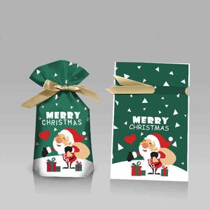 10st Green Santa Presentväska Candy Bag Snowflake Crisp Drawstring Bag God Juldekorationer för hem Nyår Presents G1119