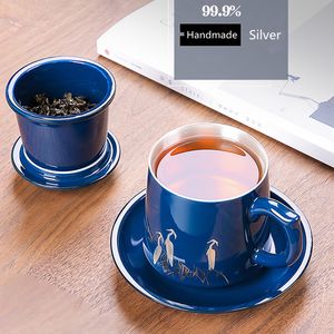 999 Sterling Silver Tea Cup with Lid Filter Office Jingdezhen Ceramic Water Mug 4 Pieces