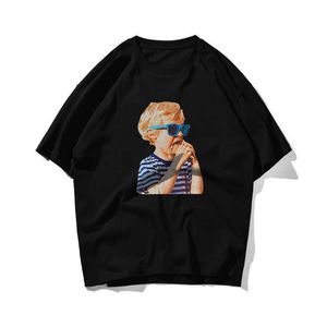 Dondurma Güneş Gözlüğü Erkek Hip Hop Boy T Gömlek Erkekler Streetwear Kore El Boyalı Tshirt Kısa Kollu Pamuk Gevşek T-shirt 210603