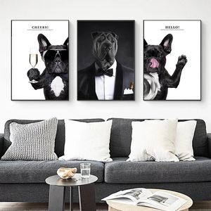 Funny Animal Canvas Schilderij Hond Slijtage Zonnebril Kleding Poster Afdrukken Zwart wit Nordic Wall Art Pictures voor Woonkamer