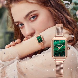 Women Green Square Watch Analog Quartz Stainless Steel Mesh Leather Band Casual Fashion Ladies Wrist Watches 3ATM Waterproof 210310