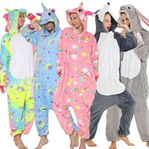 Vuxen djur pyjamas kvinnor unicorn sleepwear onesie kigurumi panda pyjama anime tecknad overall vinter kanin nightie jumpsuit 211109