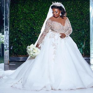 2021 Luxury Crystals Beads Wedding Dresses Plus Size Illusion Long Sleeve African Court Train Long Tulle Wedding Bride Dress A-Line Vestidos