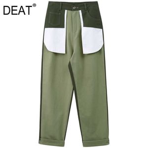 [DEAT] High Elastic Waist Spliced Pocket Hit Color Trousers Loose Fit Pants Women Fashion Spring Summer 13R883 210527