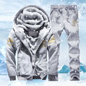 Eşofman Erkekler Spor Polar Kalın Kapüşonlu Marka-Giyim Rahat parça Takım Elbise Erkekler Ceket + Pantolon Sıcak Kürk Içinde Kış Kazak 211109
