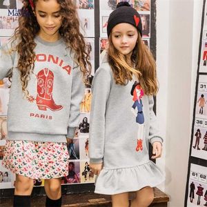 Маленькая Maven осень и зимний свитер девушки платье довольно длинные рукава 100% хлопок мода одежда с капюшоном 211029