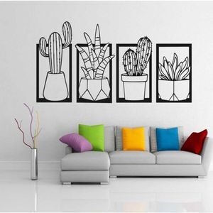 Wood Wall Decor Cactus Flower Vase Black Color Laser Cut Modern Nature Desert Home Office 3D Creative Stylish Living Room Kitchen 210705