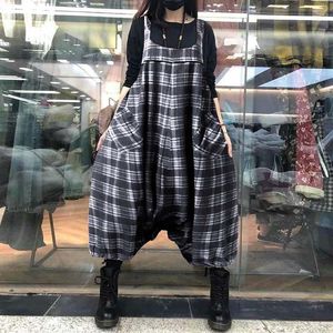 Women's Jumpsuits & Rompers Women's Vintage Check Overalls Drop Crotch Casual Square Neck Long Pantalon Female Elastic Trousers 5XL