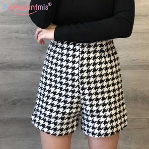 Aelegantmis Houndstooth Houndstooth Cintura Alta Craques Mulheres Manta Elegante Magro Uma Linha Casual Larga Pernas Calças Curtas Coreano Chique 210607