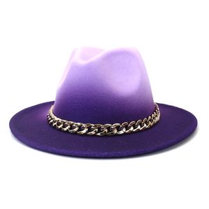 2022 Women Spray Paint Gradient Wool Felt Fedora Hats with Gold Chain Wide Brim Unisex Party Party Vintage Jazz Cap Wholesale