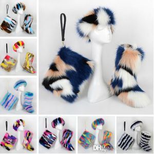 Women Lady Faux Fox Fur Snow Boots Bag Set 3 Pieces Headband With Fur Lined Lining Winter Plus Size Furry Fluffy Outdoor Mid-boot