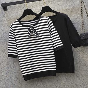 L-4XL Plus Storlek Kvinnor Sommar Tunn Kintted Pullover Kortärmad O Neck Bow Stripe Oversized Sweater Kvinna T-shirt Top 210604