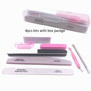 8st Nail Art Tool Kits med naglar Filbuffert UV Gel Polsk Remover och Dammborste Cuticle Pusher Manicure Tools Plastlåda suuply nak004