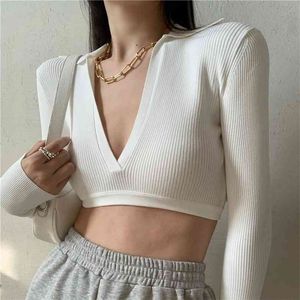 Zhisilao Solidne przycięte topy Sexy V-Neck Sweter z dzianiny sweter biały z długim rękawem krótki jesień zworki 210922