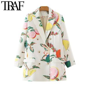 TRAF Women Fashion Double Breasted Fruit Print Blazers Coat Vintage Long Sleeve Pockets Female Outerwear Chic Tops 211122
