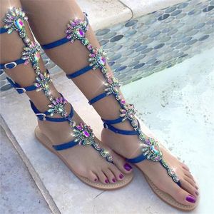 Summer Flats Sandal Gladiator Gold Rhinestone Knee High Buckle Strap Woman Boots Crystal Beach Shoes Plus size 43 210301