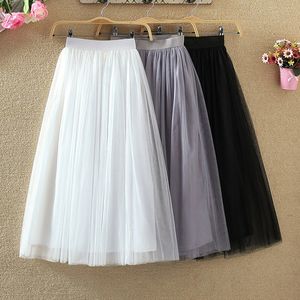 Tigena Long Tulle Skirts Women 2021 여름 탄성 높은 허리 메쉬 투투 주름 암 검은 흰색 회색 맥시 치마 210305