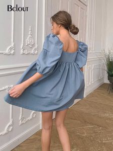 Bclout vintage blå svart a-line mini klänning kvinna 2021 sommar lös sexig patchwork party klänning v nacke halv ärm party vestido y0603