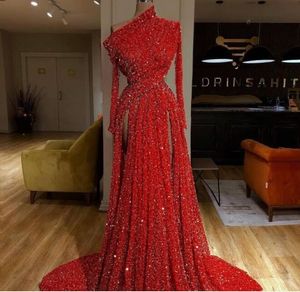 Evening dress women dress Yousef aljasmi Red Sequines One shoulder High neck Lace Long sleeve With trail Kim kardashian Kylie jenner